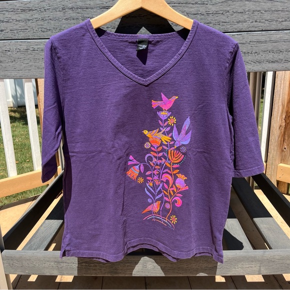Sabaku Artwear Purple Short Sleeve V-neck T-shirt Birds & Flowers Size S - Picture 1 of 5